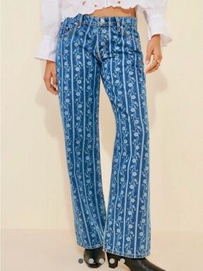 Free People Blue Floral Stripe Wide-Leg Jeans